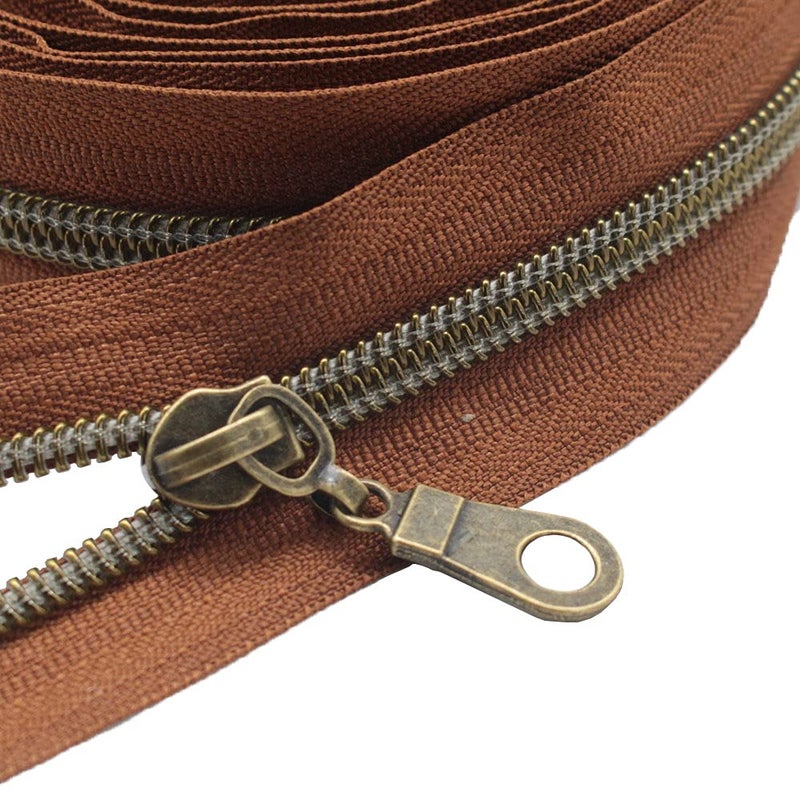 MebuZip #5 Antique Brass Metallic Nylon Coil Zippers by The Yard Bulk Coil Zipper Roll 10 Yards with 25pcs Pulls for DIY Sewing Craft Bags (Brown) - Image 1